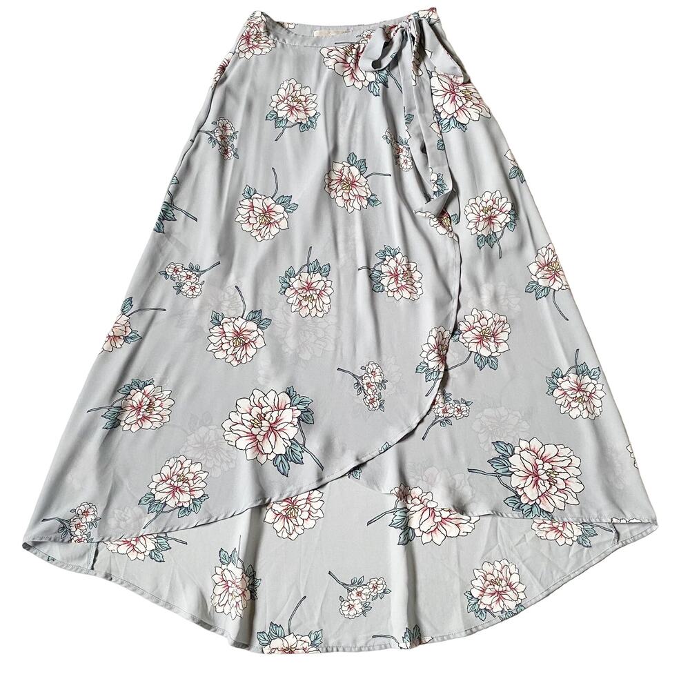 J.O.A. Los Angeles Floral High Low Faux Wrap Skirt Blue Gray Womens Size XS